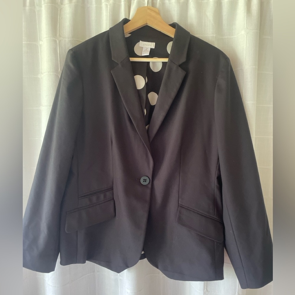 Chico black one button blazer size woman’s blazer with black polka dot liner